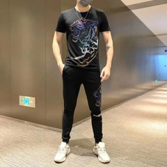 New Men Hot Drilling Fashion Tiger Rhinestone Summer Luxury Two-Piece Tracksuit