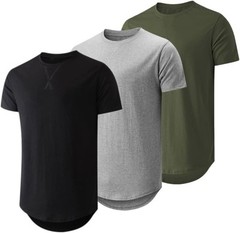 Mens 3 Pack Cotton Longline Crewneck T-Shirts Casual Hipster Fit Tee Set