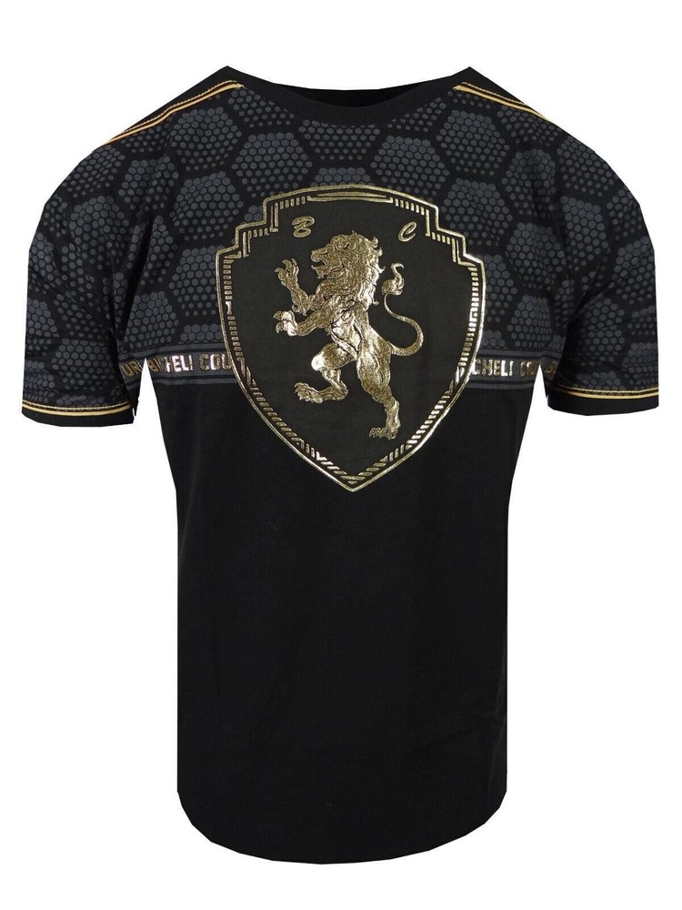 Mens T-Shirt Italian Print Shiny Gold Lion Chest Bucheli Logo Slim Fit Crew Neck