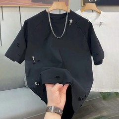 Trendy Men’s Streetwear Distressed Cotton T-Shirt Rhinestone Pin Casual Top