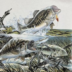 Vintage 90s Largemouth Bass Fishing All Over Print Nature Graphic White T-Shirt