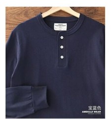 Vintage Men Long Sleeve Henry T-Shirt Pure Color Cotton Shirts Casual Tops