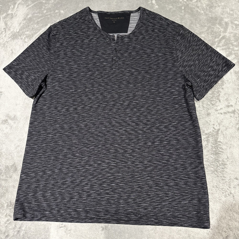 John Varvatos Henley Shirt Sz XL Black Heathered Gray Short Sleeve