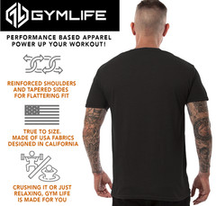 GYM LIFE® Fuse Power Up Mens Athletic T-Shirt Workout Exercise Fitness Tee Black