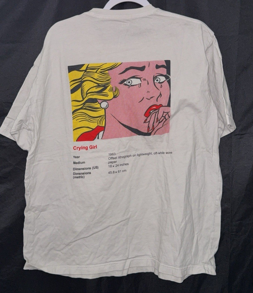 Uniqlo x Roy Lichtenstein T-Shirt Mens LARGE White Crying Girl Pop Art PRE OWNED