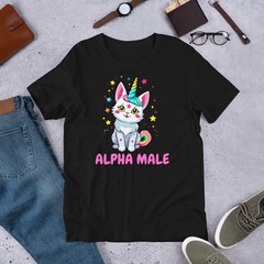 Cute Alpha Male Unicorn Cat Unisex T-Shirt Kawaii Kitten w/ Rainbows and Stars