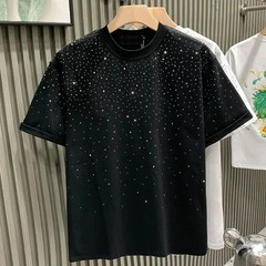 New Men Women Luxury Diamond Rhinestones Black White T-Shirt High Quality