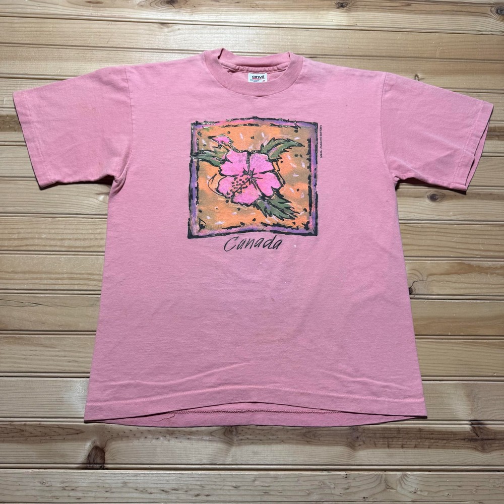 Vintage 90s Canada Hibiscus Flower Art Graphic Souvenir T-Shirt USA Made Medium