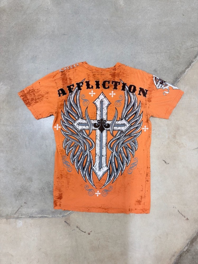Affliction Shirt Mens Large Orange Live Fast Angel Wings Distressed USA Cotton