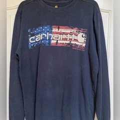 Carhartt USA Flag Logo Long Sleeve T-Shirt Medium Relaxed Fit Navy Made in USA