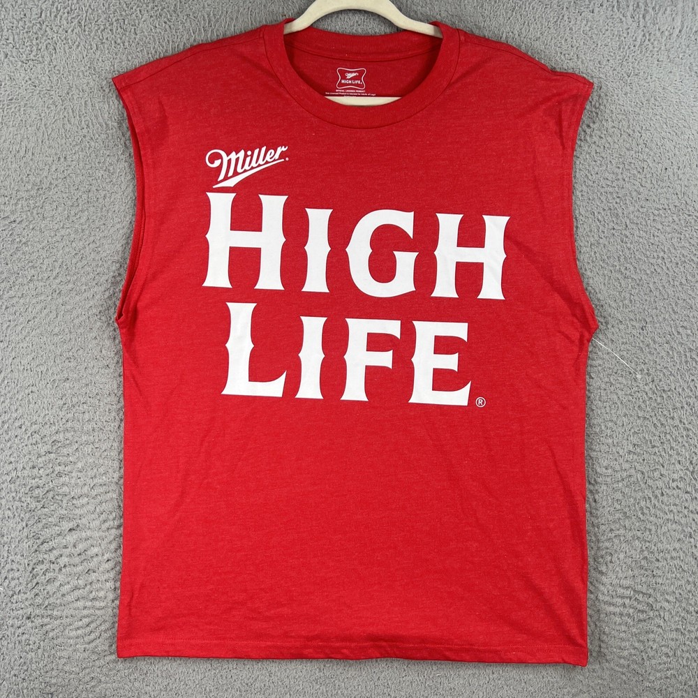 OVERSIZED Miller High Life Beer Shirt MENS Small 34/36 Red Sleeveless Muscle