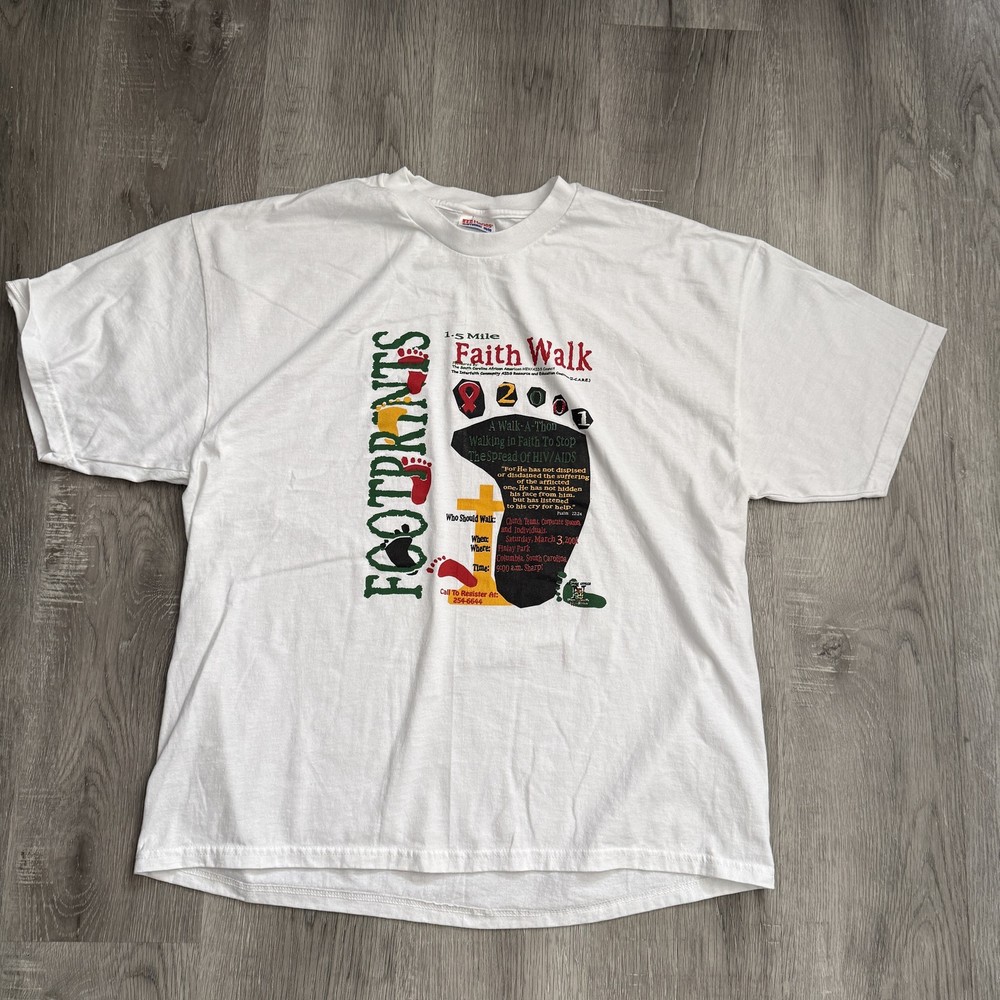Vintage 2001 Footprints Faith Walk Shirt Mens XL White HIV AIDS Hanes Tee