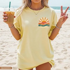Retro Sun Waves Pocket Print Shirt Vintage Coastal Aesthetic Boho Tee