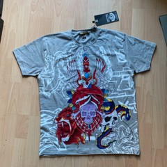 Rusty Neal Kurzarm Herren Stretch T-Shirt Totenkopf Tiger Aufdruck L-XL Slim NEU