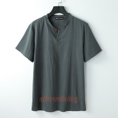 Men’s Stand-up Collar Short Sleeve Cotton Hemp Summer T-shirt Loose Linen V-neck