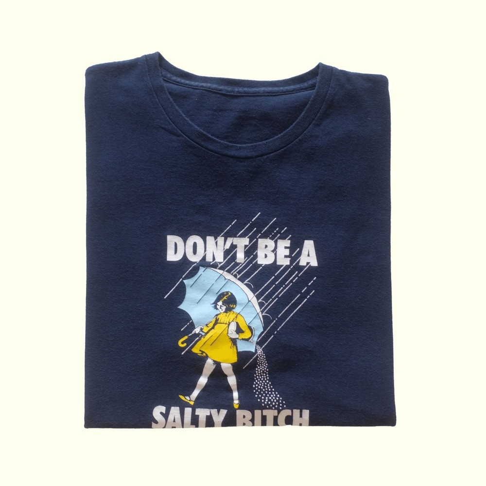 MORTONS SALT FUNNY VTG Y2K COMEDY DONT BE SALTY RETRO GRAPHIC BLUE T SHIRT 2XL