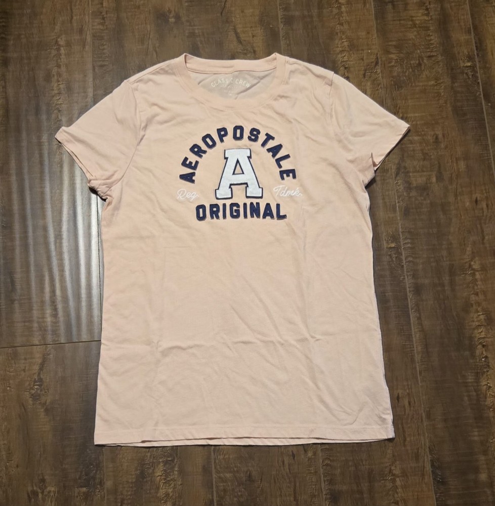 Aéropostale women’s XL Beige Pink Logo Patchwork Crew Neck Short Sleeve T-Shirt