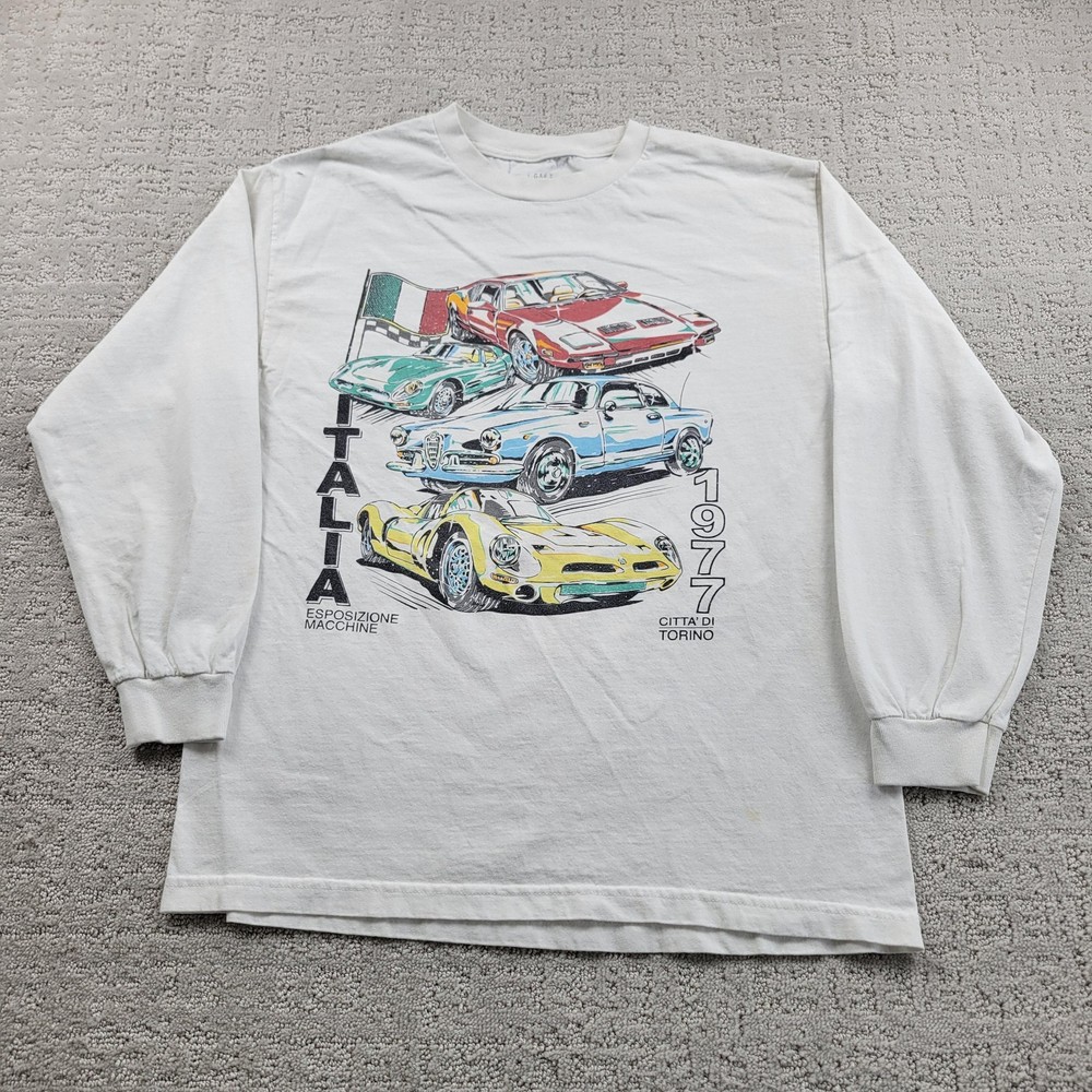 Vintage J. GALT Shirt Mens L White Italia 1977 Graphic Cars Long Sleeve 70s