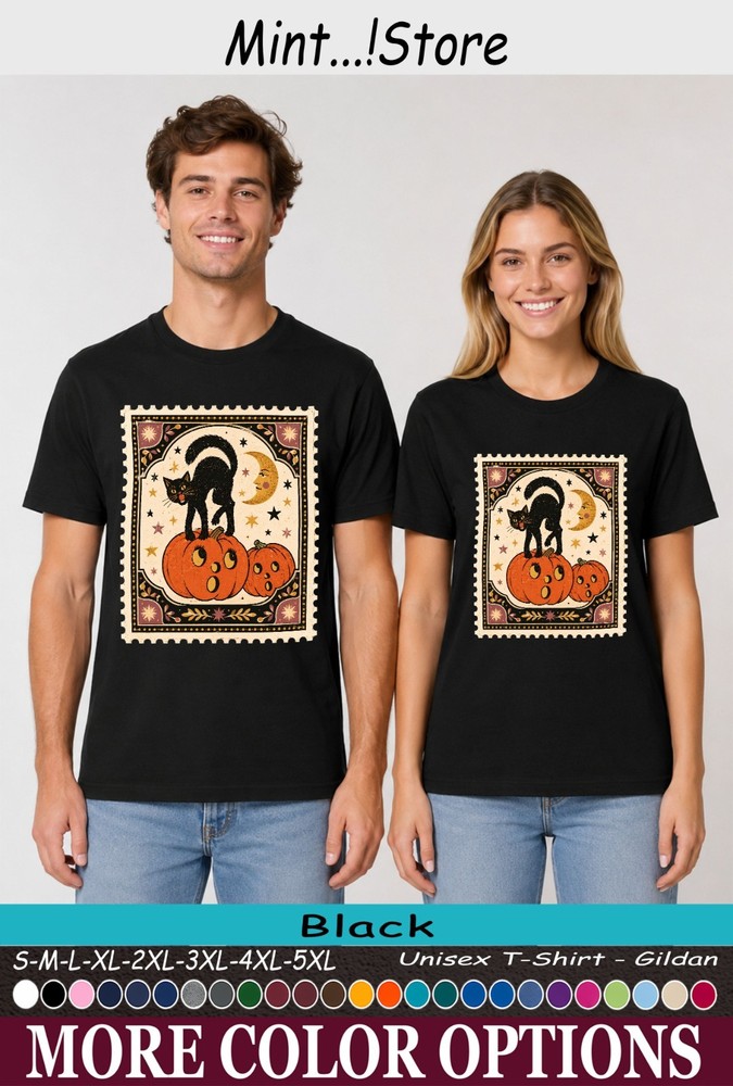 Cat Black Pumpkin Shirt, Vintage Halloween Postage Stamp Tee