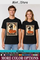 Cat Black Pumpkin Shirt, Vintage Halloween Postage Stamp Tee