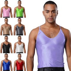 Mens Sling Crop Top Vest Glossy Sleeveless Camisole Bodybuilding Sports Clubwear