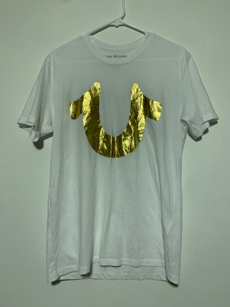 True Religion Men Size S White T Shirt Gold Horseshoe Logo Cotton Tee
