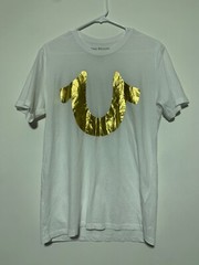 True Religion Men Size S White T Shirt Gold Horseshoe Logo Cotton Tee