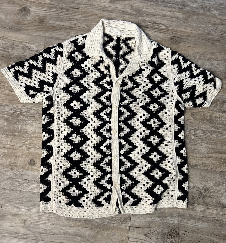 Men’s Norsecode Crochet Shirt Black Cream Short Sleeve Sz M Boho Cottage