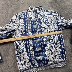 Vintage 80s Pyke Ltd Hawaiian Shirt Womens M Navy Blue Hibiscus Nautical Print