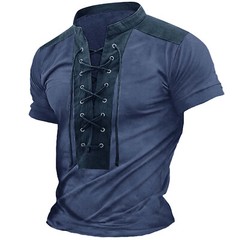 Men’s New Summer Color Contrast Small Stand Lace Up Short Sleeved Top Men’s T