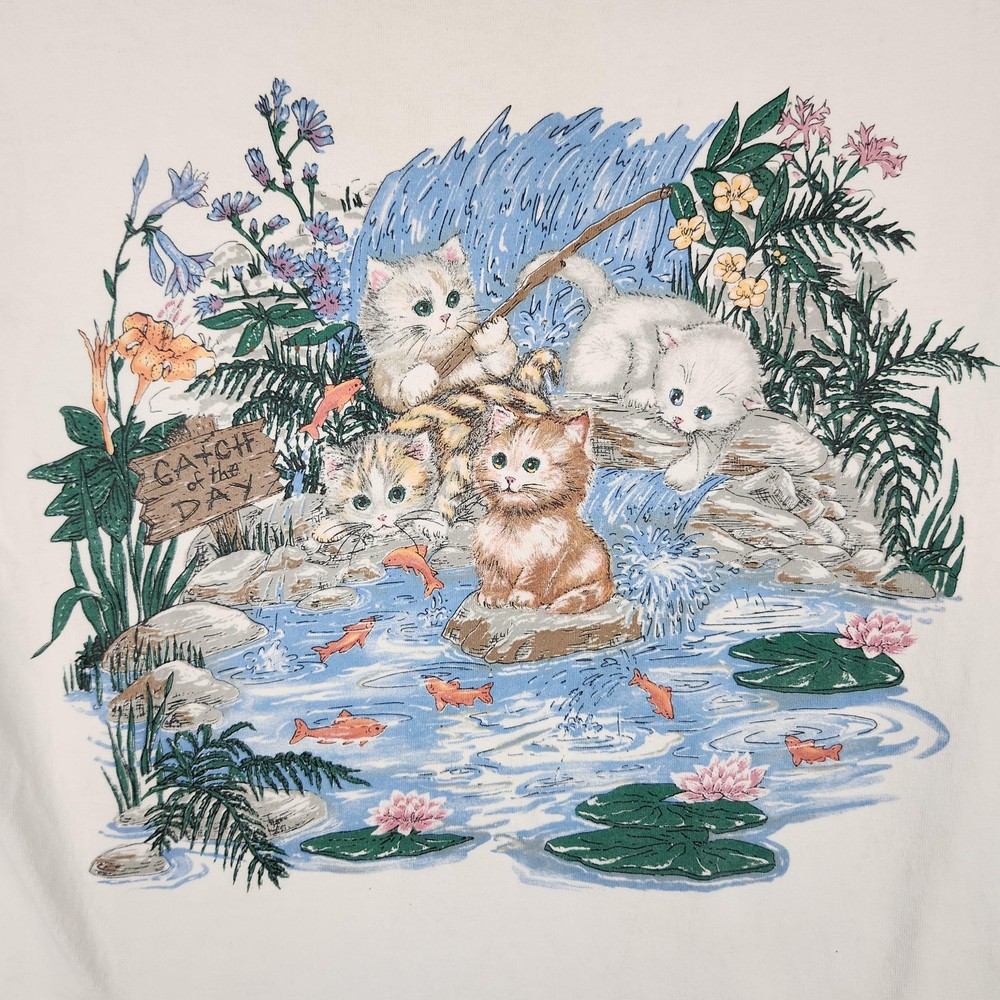 Vintage Cat Shirt Mens Large White Kittens Fishing Pond Graphic 90s Nature Cute