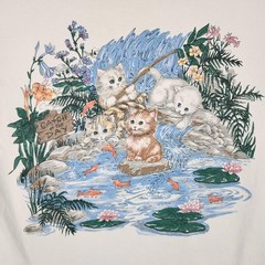 Vintage Cat Shirt Mens Large White Kittens Fishing Pond Graphic 90s Nature Cute