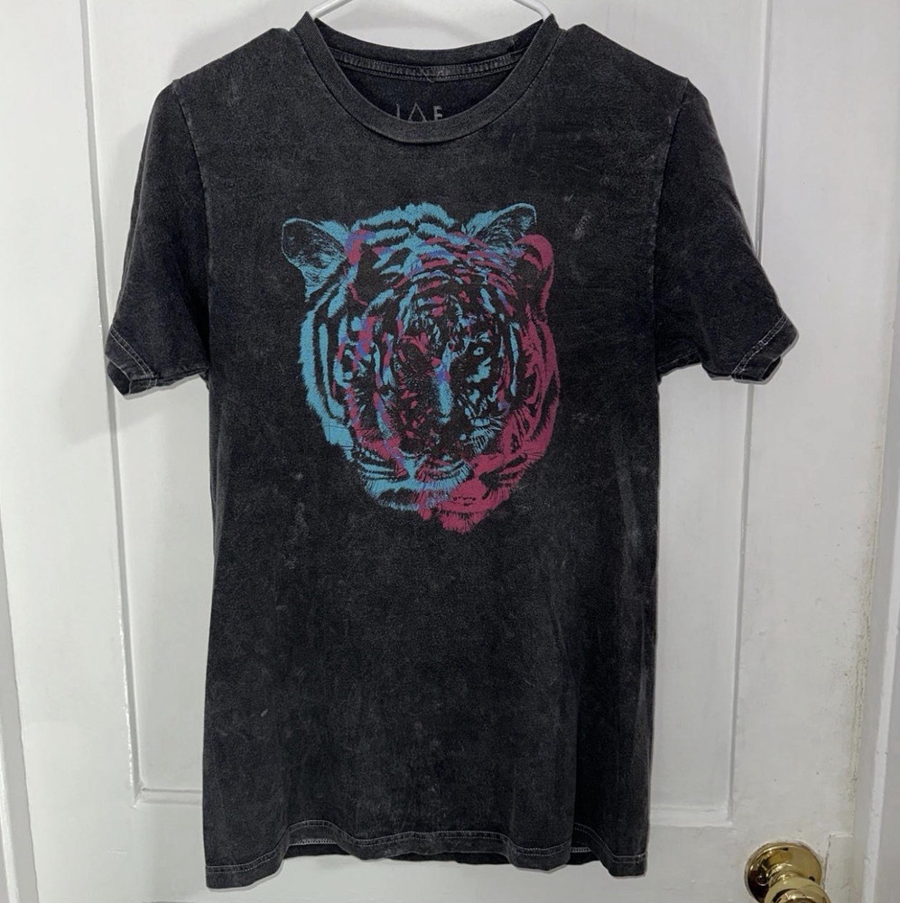 Men’s S Black Acid Wash Tiger Graphic Print Crew Neck Short Sleeve T-Shirt