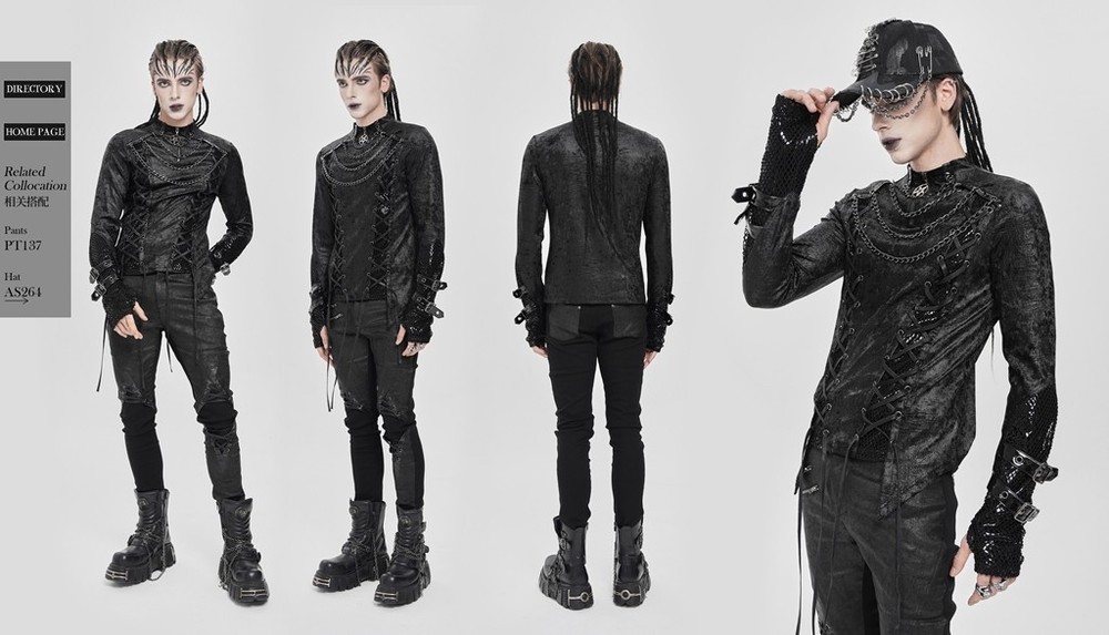 Devil Fashion Men Black Gothic Punk Mesh Spliced Lace-Up T-Shirt Slim Fit Tops
