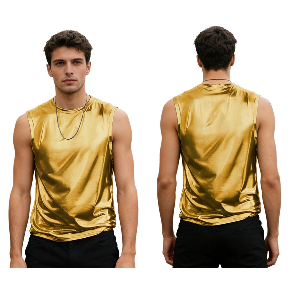 Men Shirt Outfit Sports Undershirts Tank Shiny Metallic Glossy Hip Hop Running