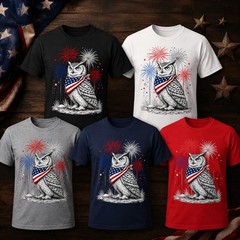 Patriotic Owl USA Flag Bandana Fireworks T-Shirt 4th of July American Pride Tee