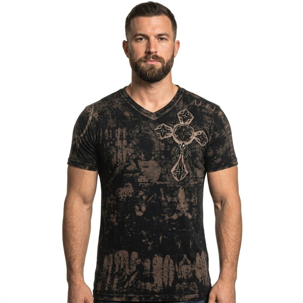 Affliction T-Shirt Mens Medium Black V-Neck Angel Wings Cross Bleach Wash Y2K M