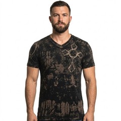 Affliction T-Shirt Mens Medium Black V-Neck Angel Wings Cross Bleach Wash Y2K M