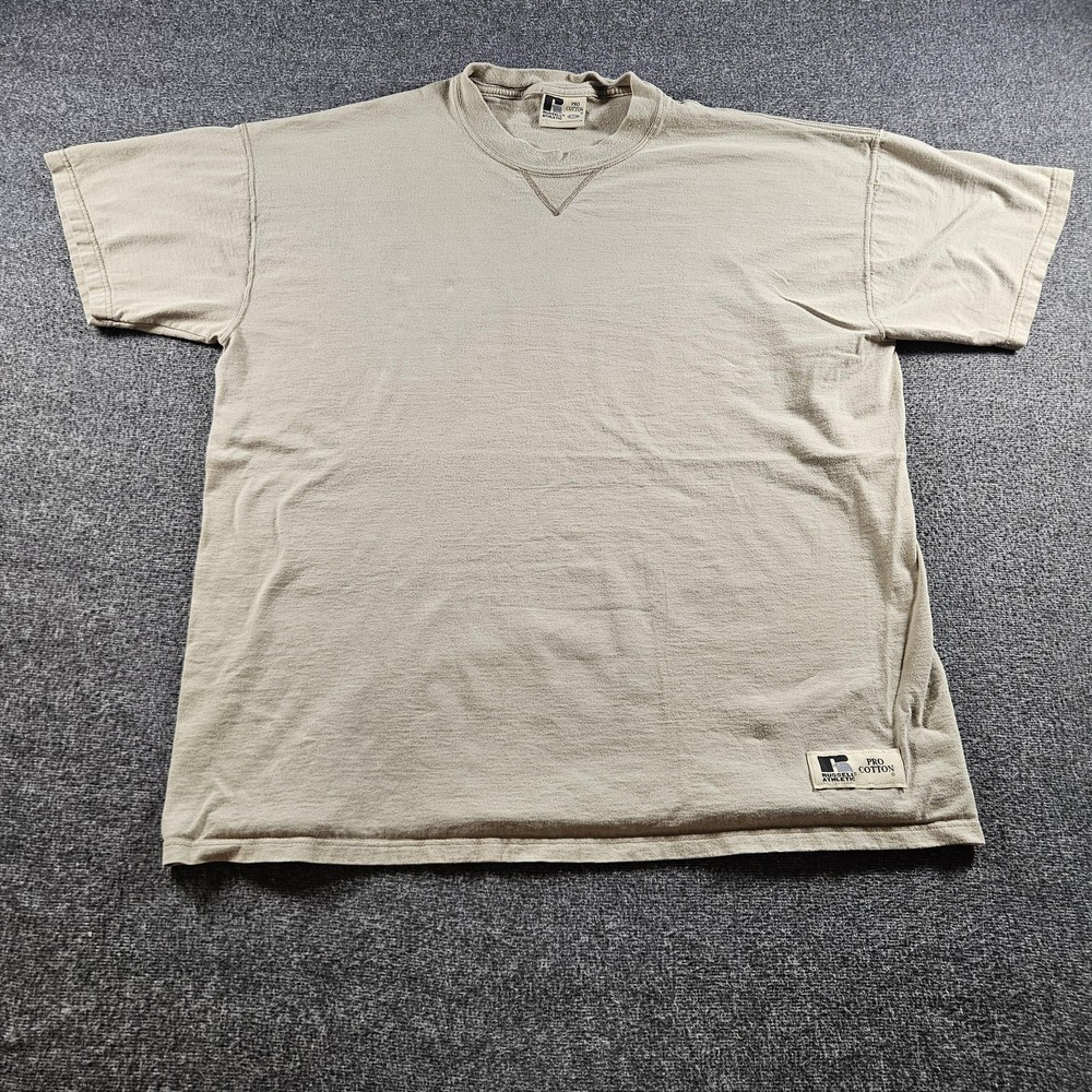 Vintage Russell Athletic Shirt Mens XL Beige Pro Cotton Blank Crew Tee Made USA