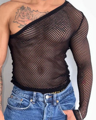 🔥 Fishnet One Shoulder Black See-Through Irregular Sexy Club Party Festival XL