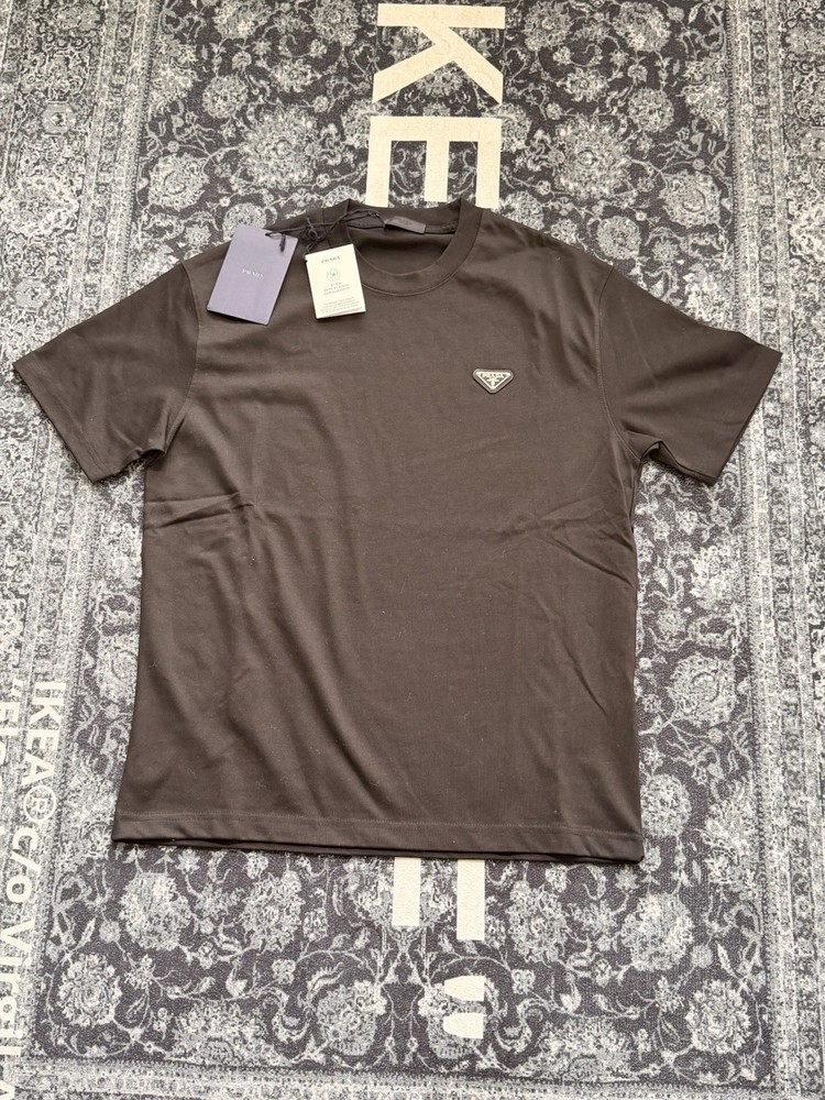 PRADA Men’s S Brown Cotton Jersey Solid Logo Crew Neck Short Sleeve T-Shirt