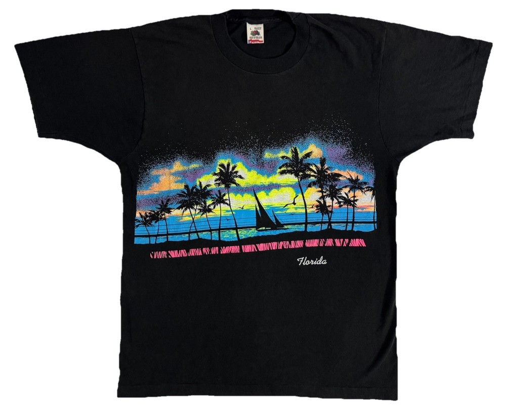 Vtg Fruit of the Loom Florida Neon On Black TShirt Adult Large Single Stitch 90s