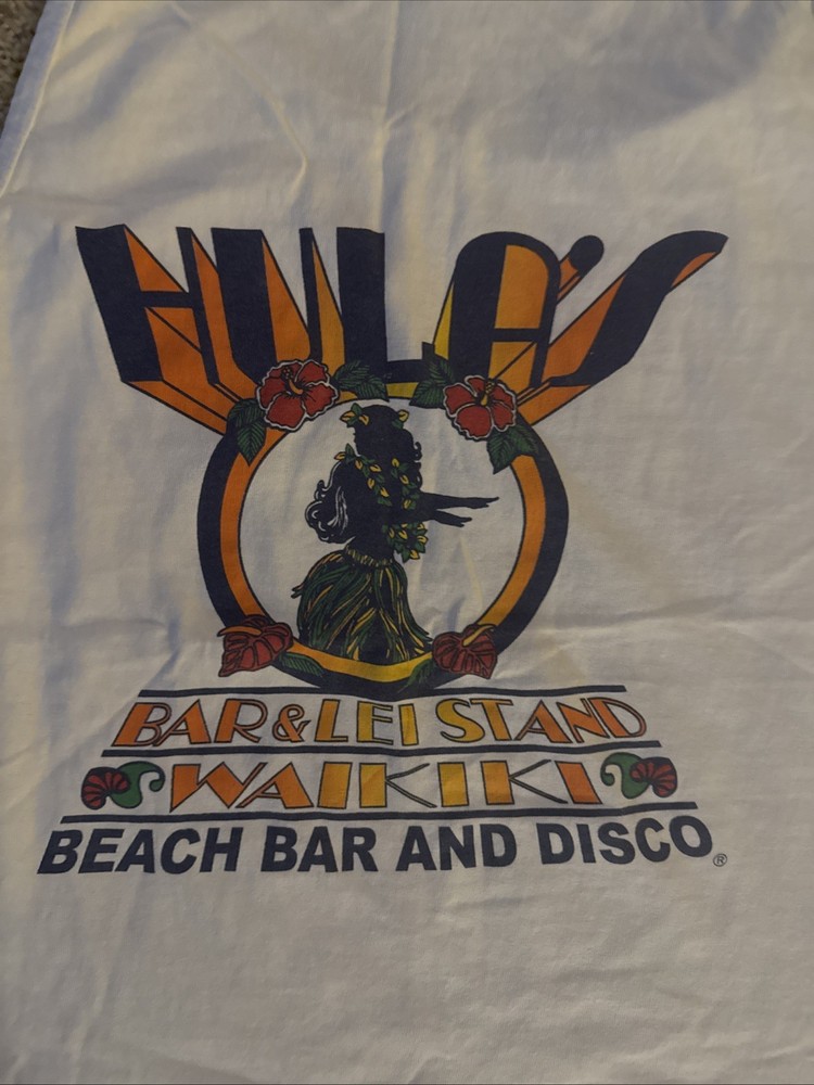 Hulas Bar & Lei Stand Disco Waikiki Beach Hawaii White Tank Sz L
