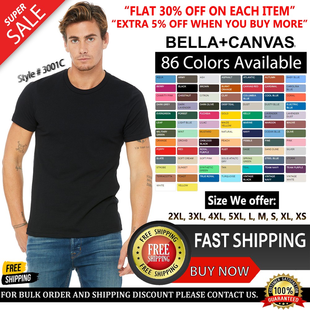 Bella + Canvas Unisex T Shirt Short-Sleeve 100% Cotton Jersey Tee 3001C T-Shirt