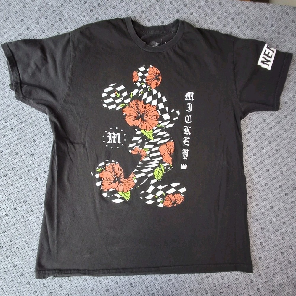 Neff Disney Mickey Mouse Shirt Mens Large Black White Check Floral Graphic Tee