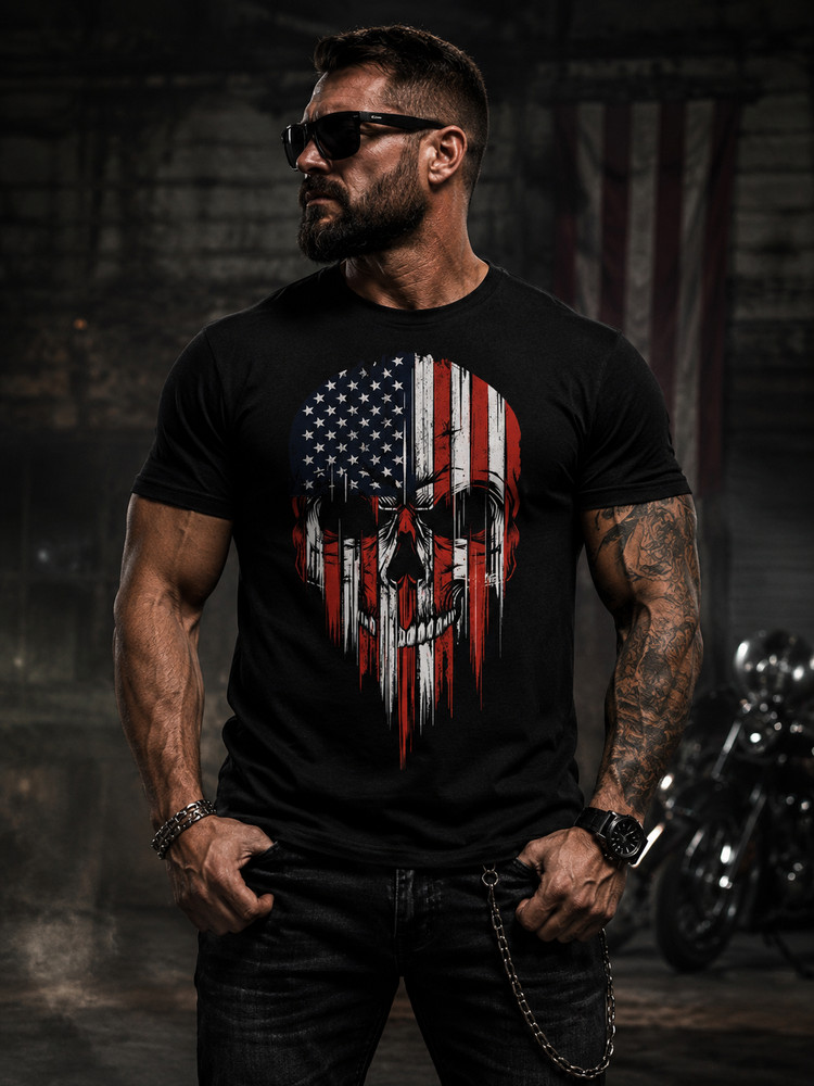 American Flag Skull T Shirt Patriotic USA Veteran Biker Mens Tee