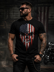 American Flag Skull T Shirt Patriotic USA Veteran Biker Mens Tee