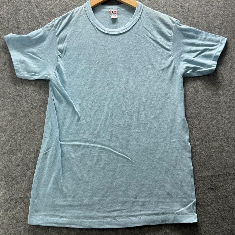 Vintage SS DLT Shirt Mens L Blue Solid Crewneck Cotton Jersey Made In USA Thin