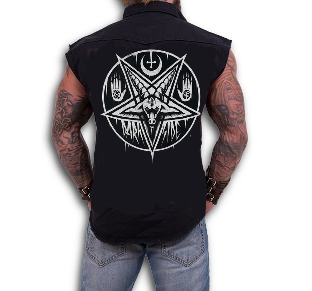 PENTAGRAM BAPHOMET Mens Black Stonewashed Denim Workshirt Goth, Wiccan, Rock