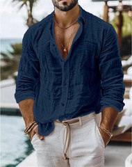 Men’s Linen Shirt Casual Shirts Long Sleeve Button Down Tops Blouse
